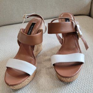 White House Black Market Cork Wedge Sandals, 8M, tri-color
